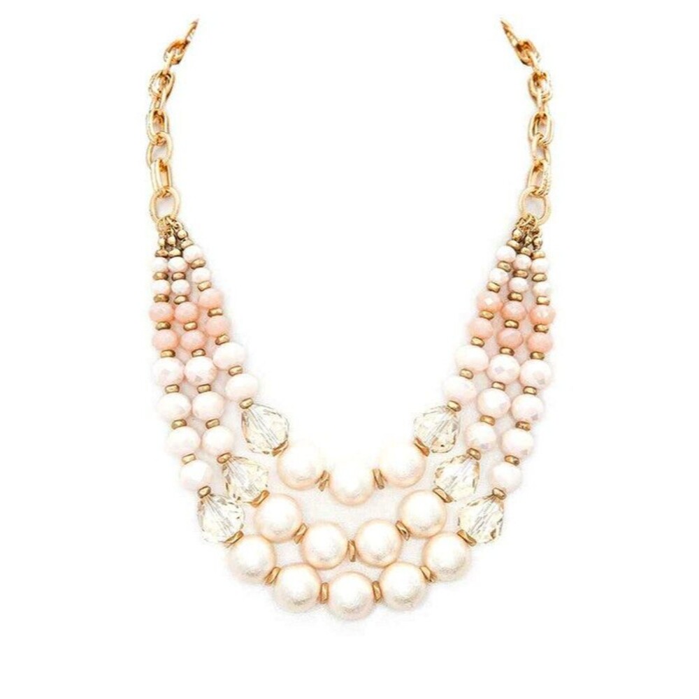 Crystal Pearl Station Layer Statement Necklace